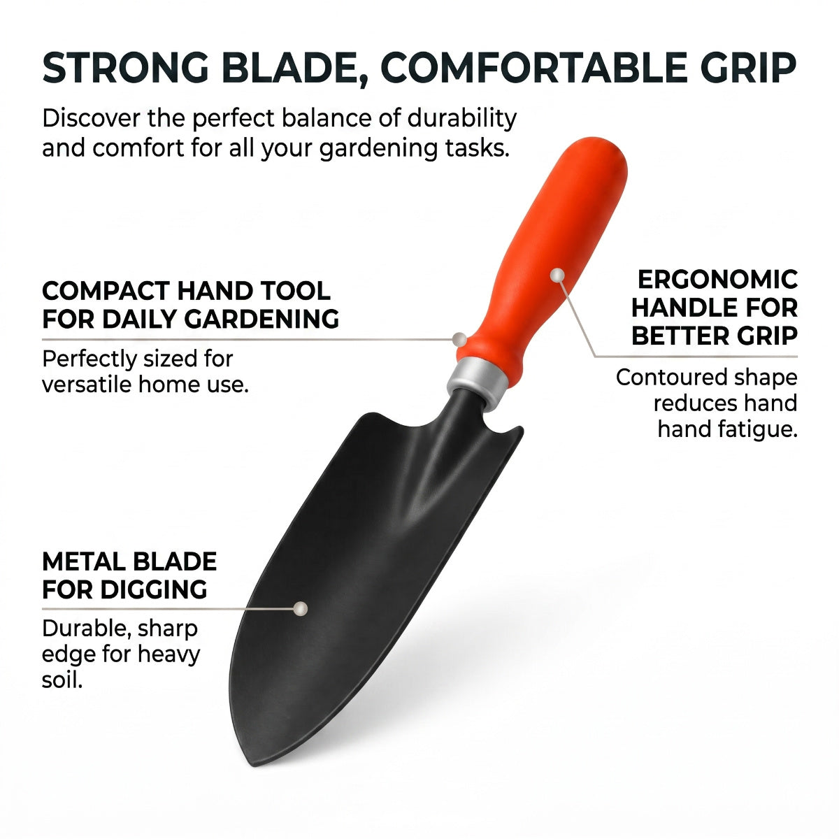 Casa De Amor Garden Trowel 1 Pc, Metal Blade Hand Shovel with Ergonomic Handle for Digging, Planting, Transplanting, Soil Loosening, Balcony, Indoor & Outdoor Gardening Tool