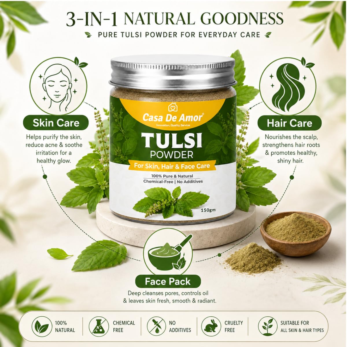 Casa De Amor Tulsi Powder for Face Pack | 100% Natural & Pure Holy Basil | For Acne, Pimples, Oil Control & Glowing Skin | Herbal Skin Care