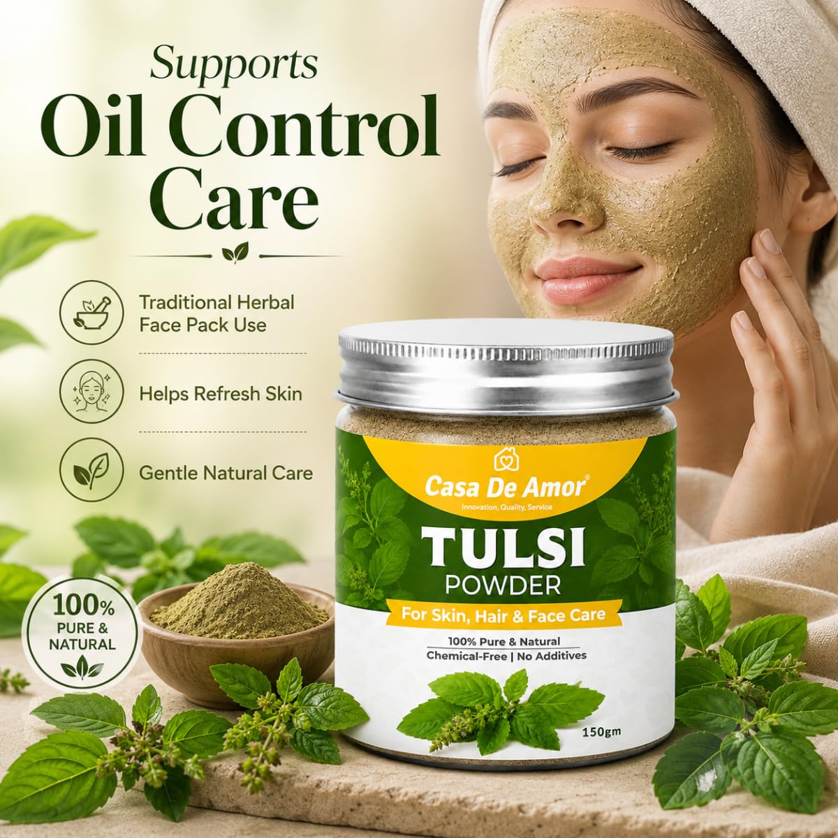 Casa De Amor Tulsi Powder for Face Pack | 100% Natural & Pure Holy Basil | For Acne, Pimples, Oil Control & Glowing Skin | Herbal Skin Care