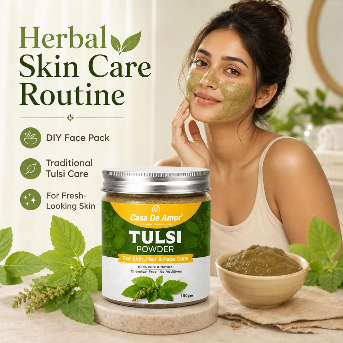 Casa De Amor Tulsi Powder for Face Pack | 100% Natural & Pure Holy Basil | For Acne, Pimples, Oil Control & Glowing Skin | Herbal Skin Care