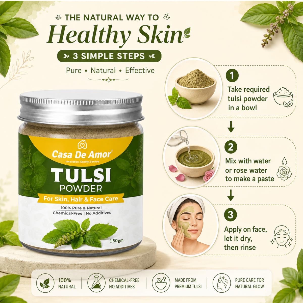 Casa De Amor Tulsi Powder for Face Pack | 100% Natural & Pure Holy Basil | For Acne, Pimples, Oil Control & Glowing Skin | Herbal Skin Care