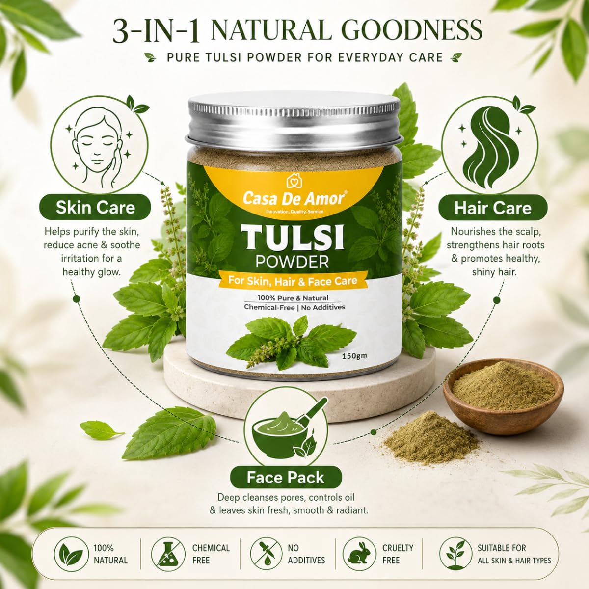 Casa De Amor Tulsi Powder for Face Pack | 100% Natural & Pure Holy Basil | For Acne, Pimples, Oil Control & Glowing Skin | Herbal Skin Care
