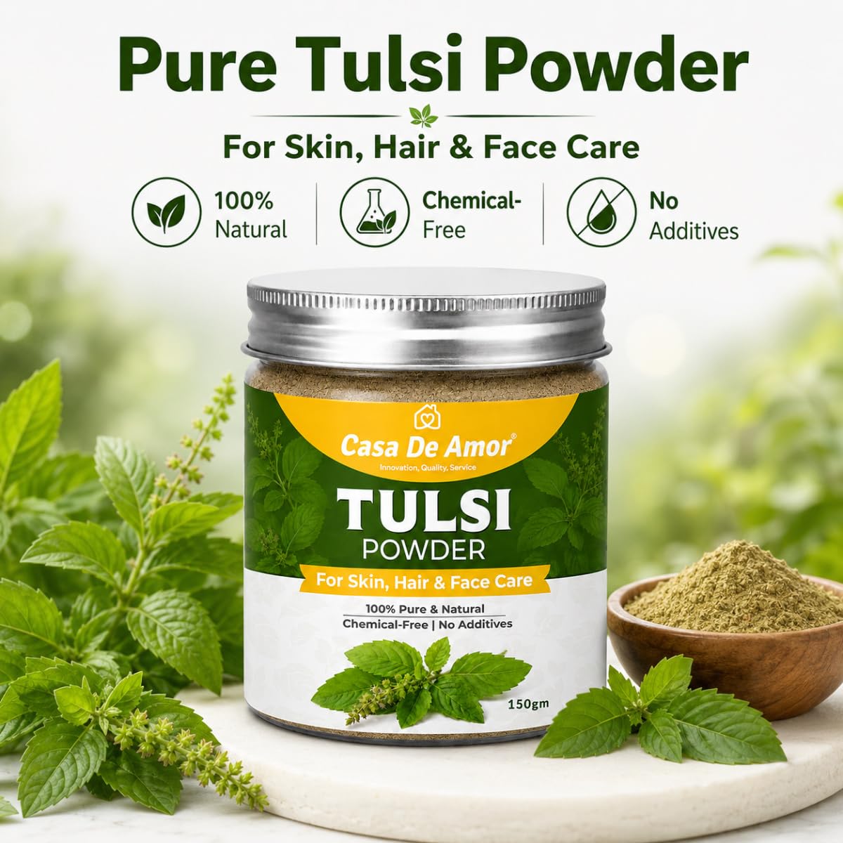 Casa De Amor Tulsi Powder for Face Pack | 100% Natural & Pure Holy Basil | For Acne, Pimples, Oil Control & Glowing Skin | Herbal Skin Care