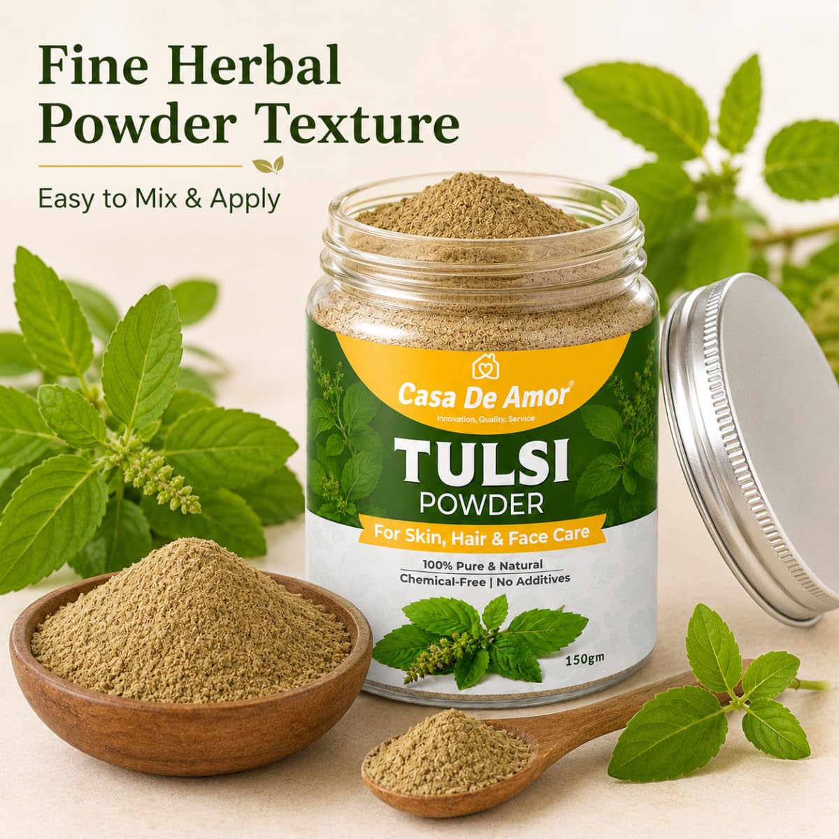 Casa De Amor Tulsi Powder for Face Pack | 100% Natural & Pure Holy Basil | For Acne, Pimples, Oil Control & Glowing Skin | Herbal Skin Care