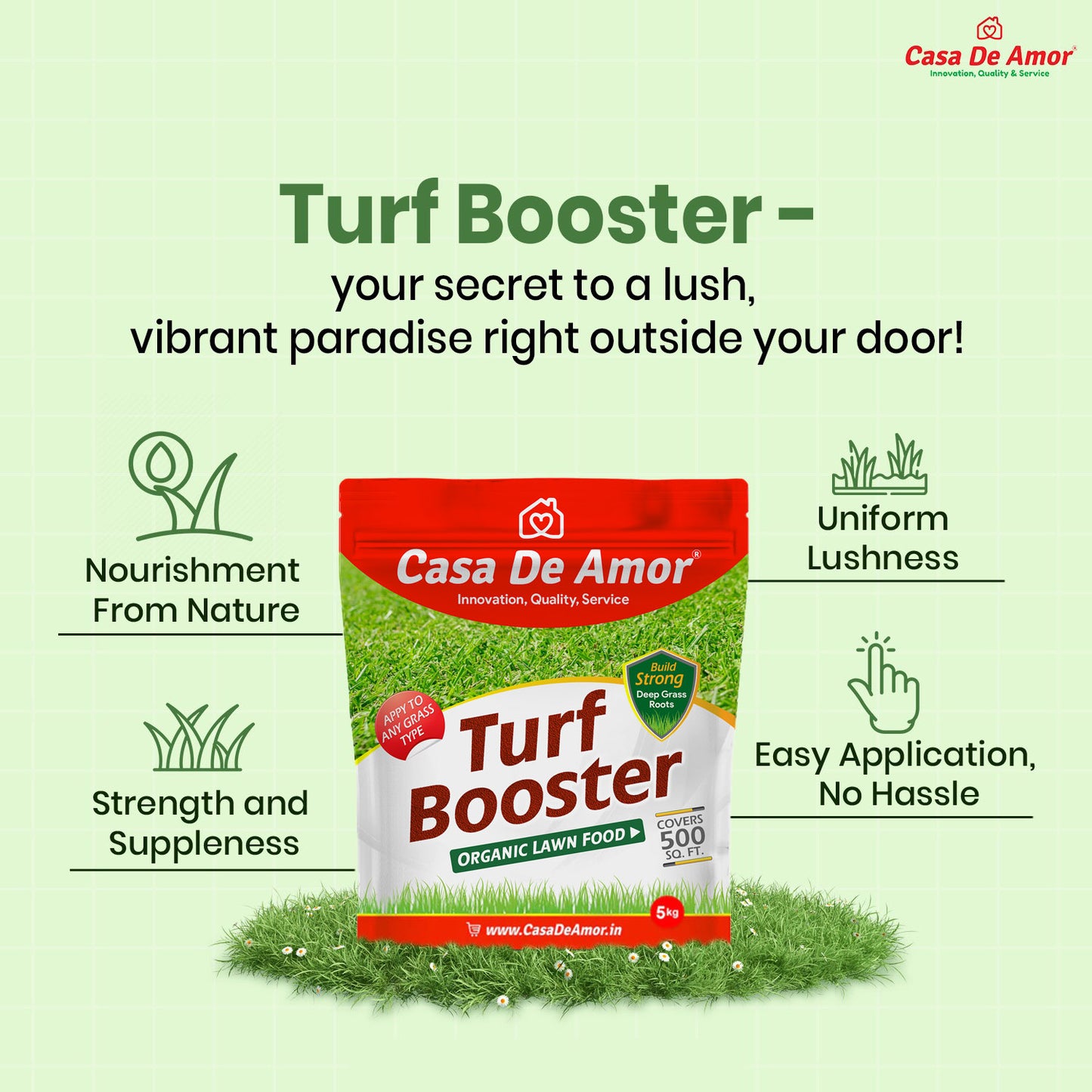 Casa De Amor Turf Booster Lawn Fertilizer Granules, Build Thick-Green Lawns (5 kg Bag Covers 500 sq. ft.)