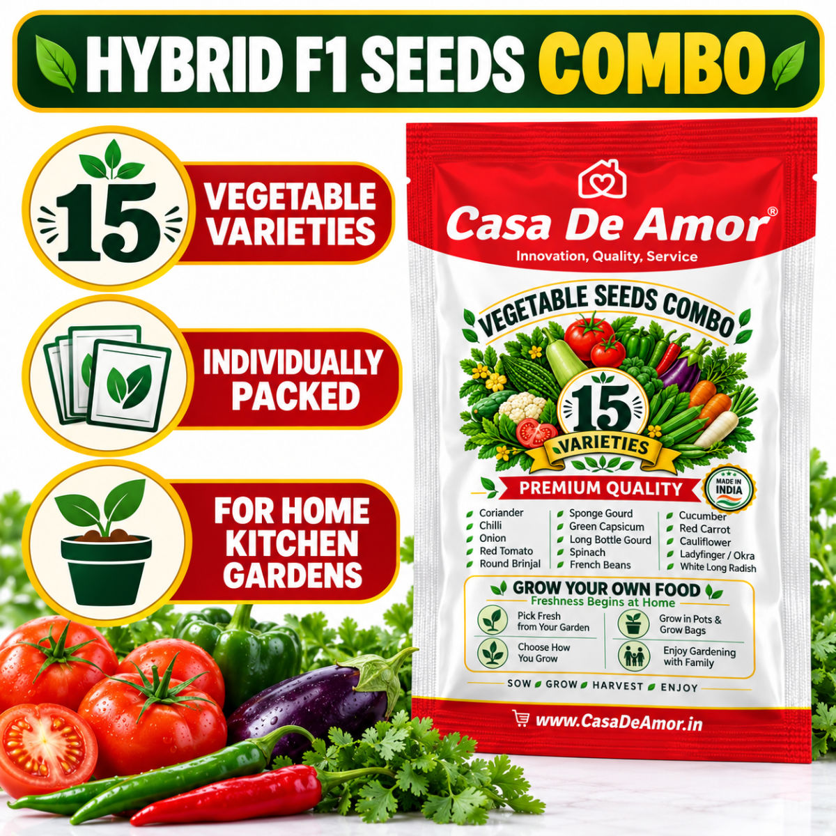 Casa De Amor Hybrid F1 Vegetable Seeds Combo, 15 Varieties for Home Kitchen Gardening | Grow Your Own Vegetables in Pots, Grow Bags, Balcony & Terrace Gardens