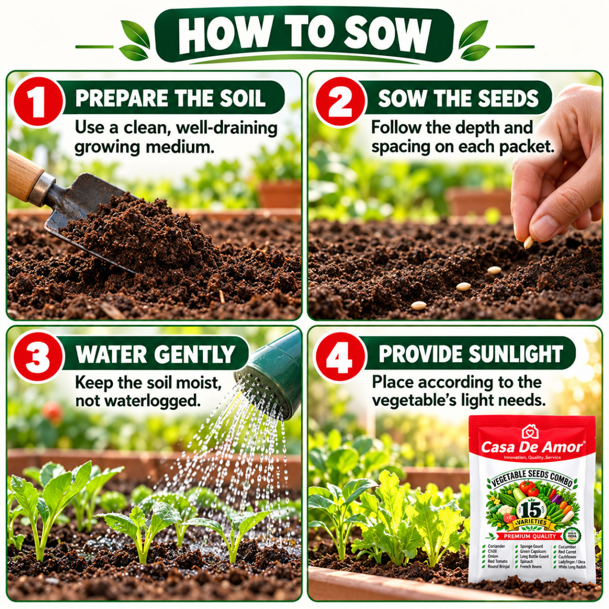 Casa De Amor Hybrid F1 Vegetable Seeds Combo, 15 Varieties for Home Kitchen Gardening | Grow Your Own Vegetables in Pots, Grow Bags, Balcony & Terrace Gardens