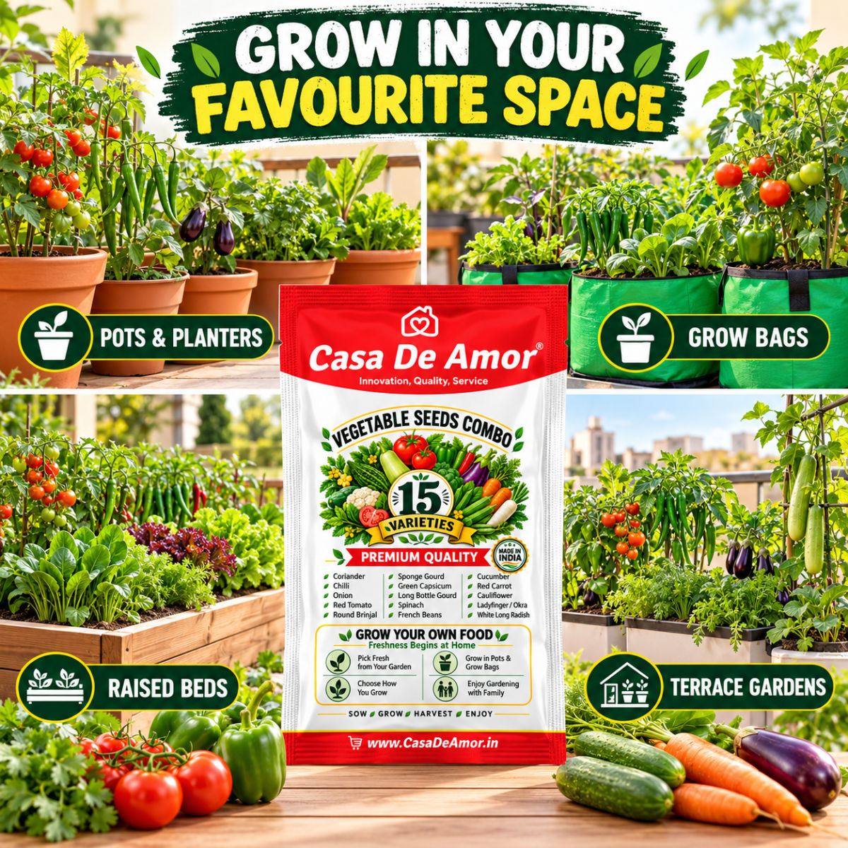 Casa De Amor Hybrid F1 Vegetable Seeds Combo, 15 Varieties for Home Kitchen Gardening | Grow Your Own Vegetables in Pots, Grow Bags, Balcony & Terrace Gardens