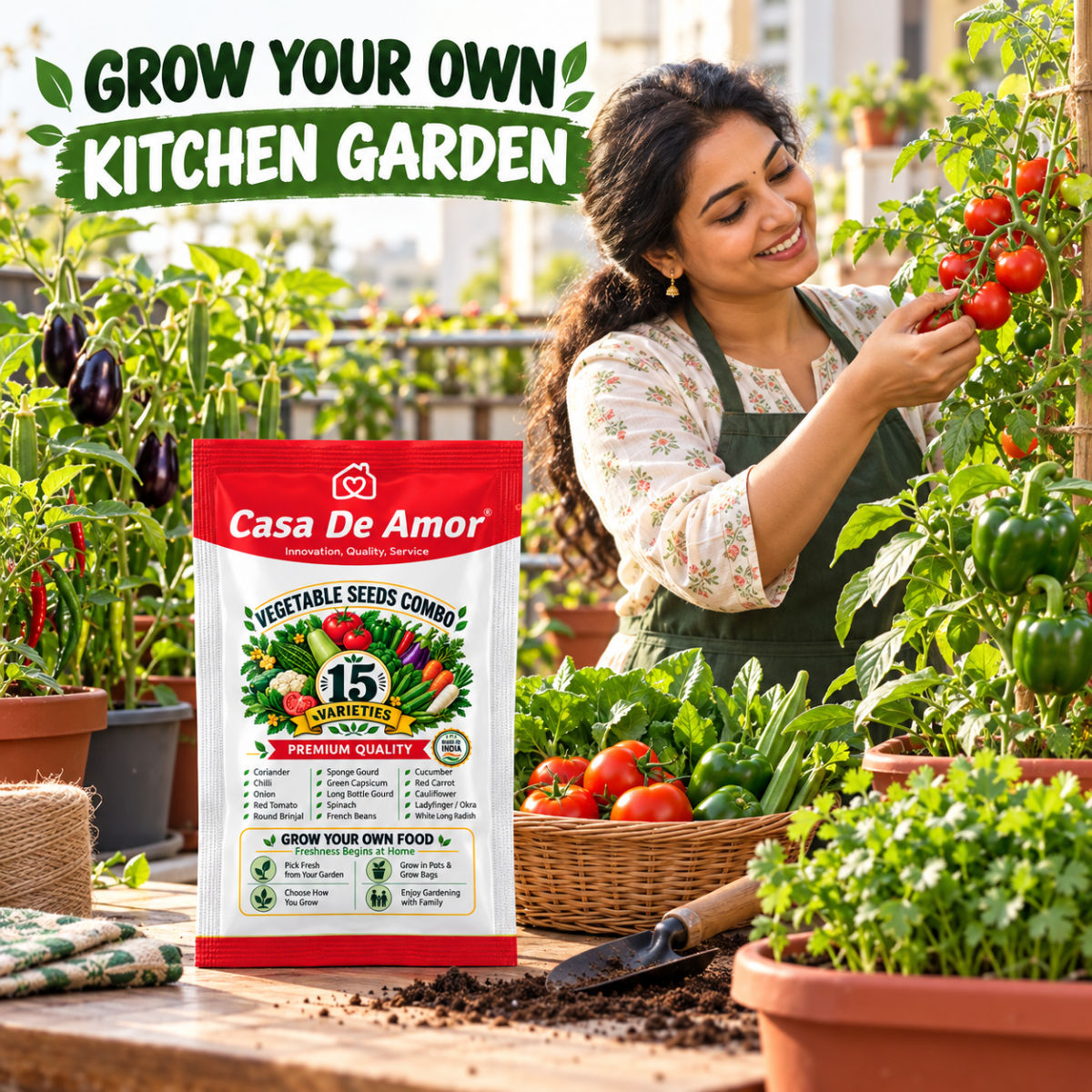 Casa De Amor Hybrid F1 Vegetable Seeds Combo, 15 Varieties for Home Kitchen Gardening | Grow Your Own Vegetables in Pots, Grow Bags, Balcony & Terrace Gardens