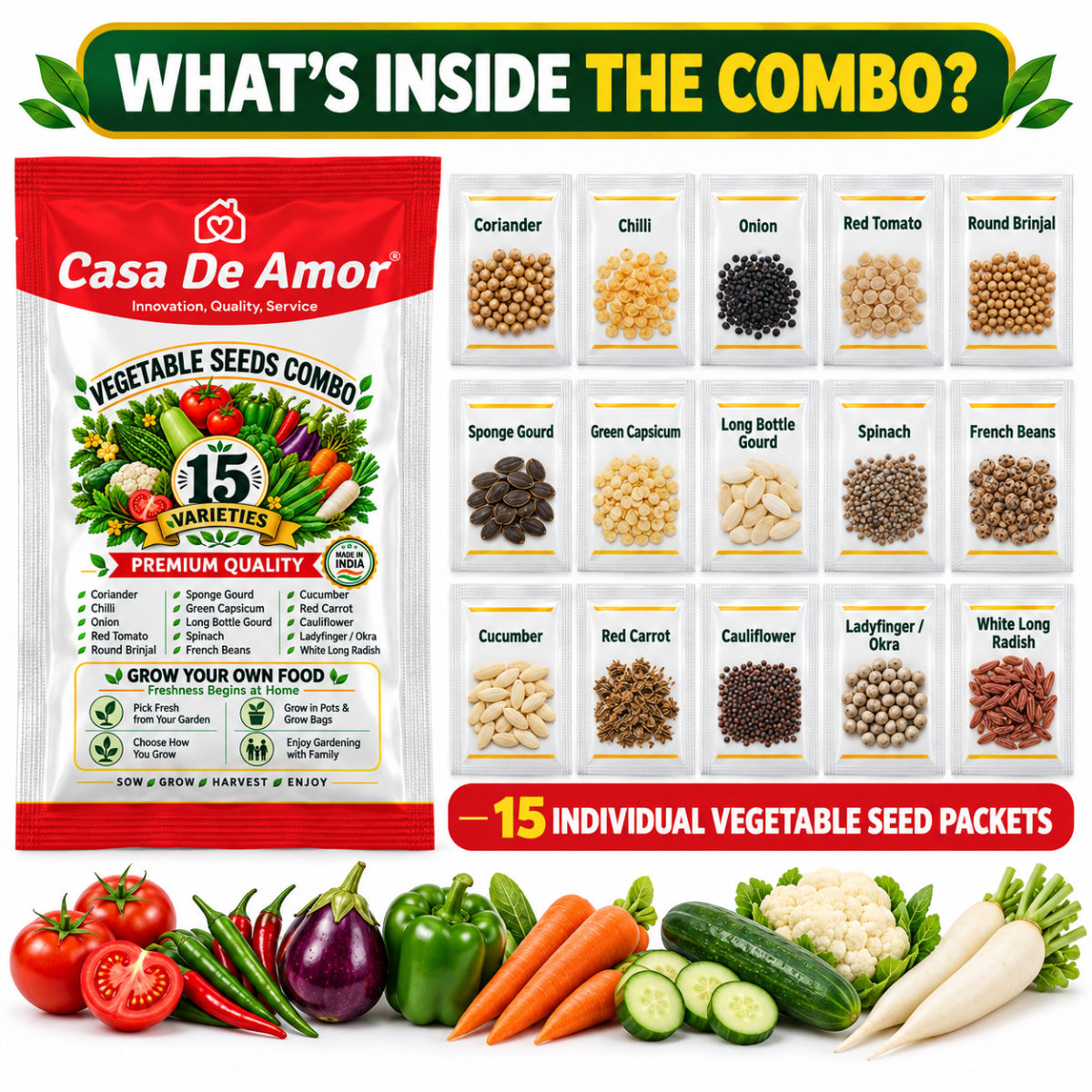 Casa De Amor Hybrid F1 Vegetable Seeds Combo, 15 Varieties for Home Kitchen Gardening | Grow Your Own Vegetables in Pots, Grow Bags, Balcony & Terrace Gardens
