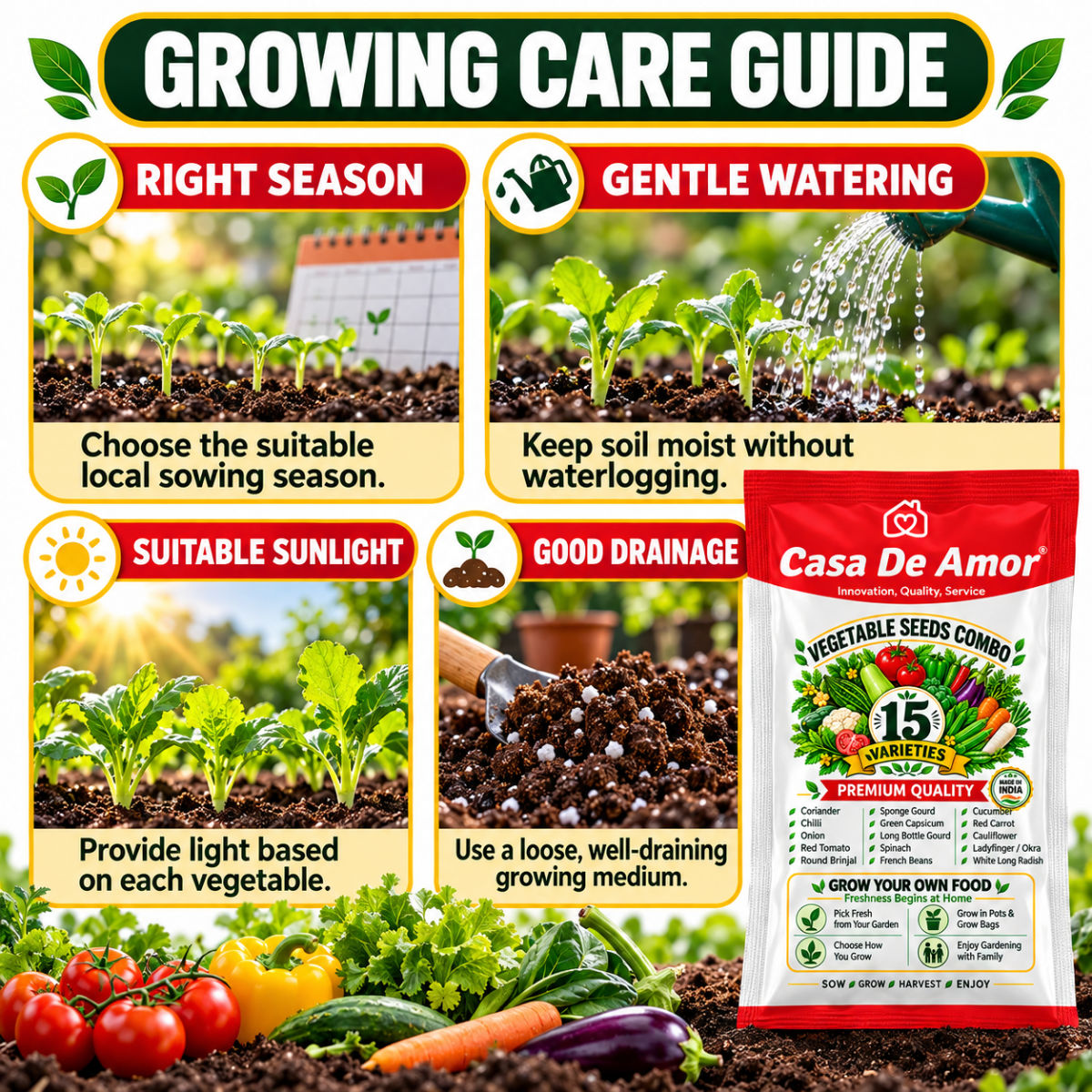 Casa De Amor Hybrid F1 Vegetable Seeds Combo, 15 Varieties for Home Kitchen Gardening | Grow Your Own Vegetables in Pots, Grow Bags, Balcony & Terrace Gardens