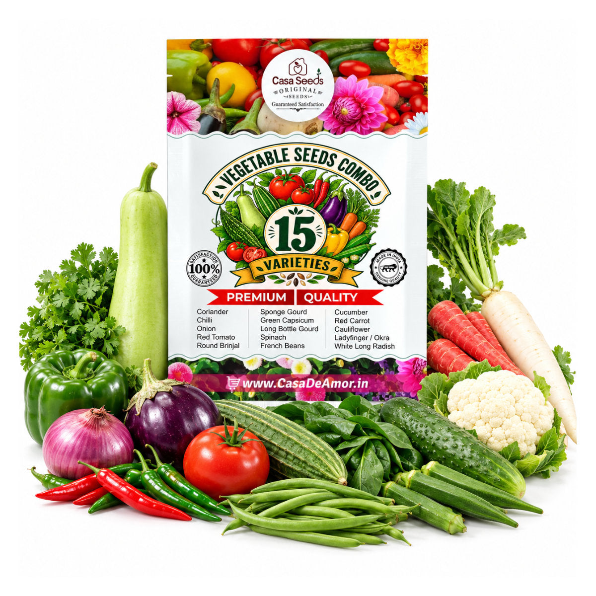 Casa De Amor Hybrid F1 Vegetable Seeds Combo, 15 Varieties for Home Kitchen Garden, Tomato, Chilli, Brinjal, Capsicum, Gourds, Spinach & More, Seeds for Pots, Grow Bags and Terrace