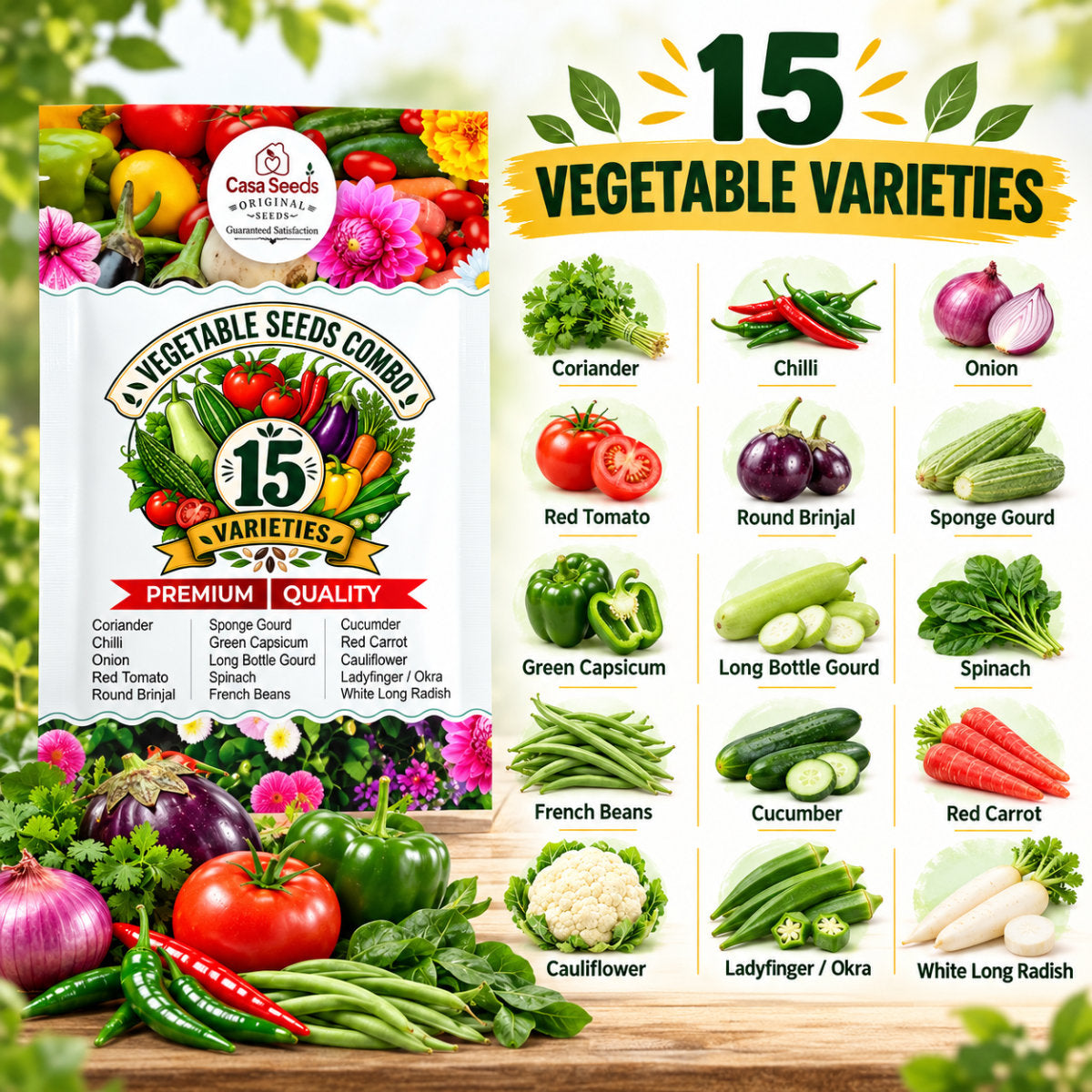 Casa De Amor Hybrid F1 Vegetable Seeds Combo, 15 Varieties for Home Kitchen Garden, Tomato, Chilli, Brinjal, Capsicum, Gourds, Spinach & More, Seeds for Pots, Grow Bags and Terrace