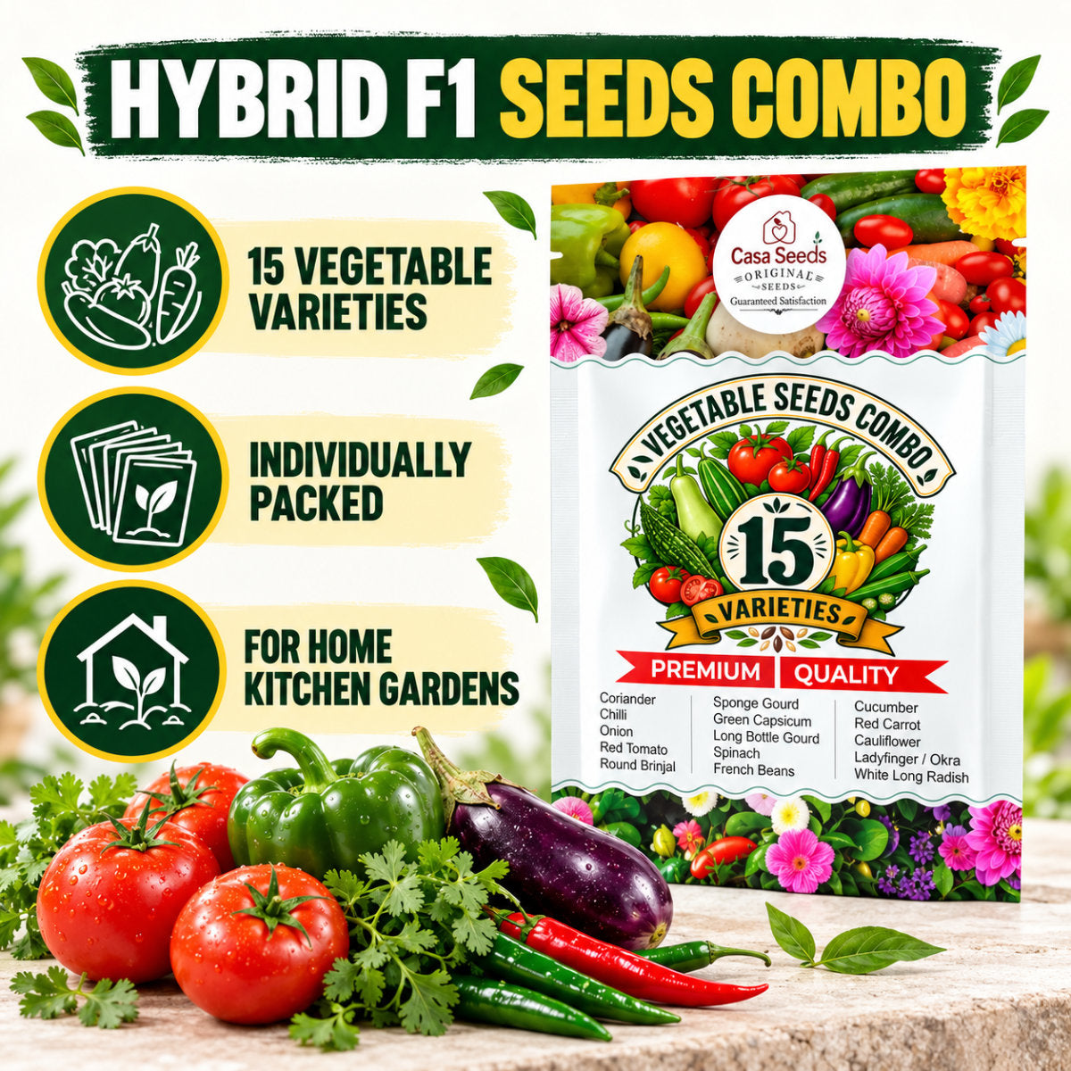 Casa De Amor Hybrid F1 Vegetable Seeds Combo, 15 Varieties for Home Kitchen Garden, Tomato, Chilli, Brinjal, Capsicum, Gourds, Spinach & More, Seeds for Pots, Grow Bags and Terrace