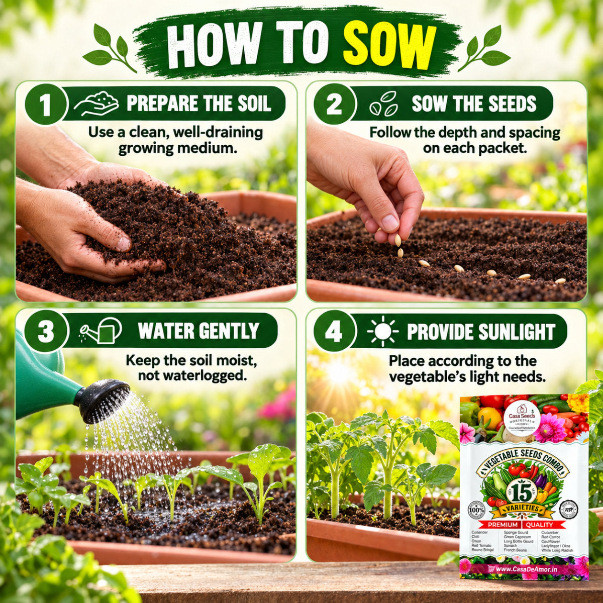 Casa De Amor Hybrid F1 Vegetable Seeds Combo, 15 Varieties for Home Kitchen Garden, Tomato, Chilli, Brinjal, Capsicum, Gourds, Spinach & More, Seeds for Pots, Grow Bags and Terrace