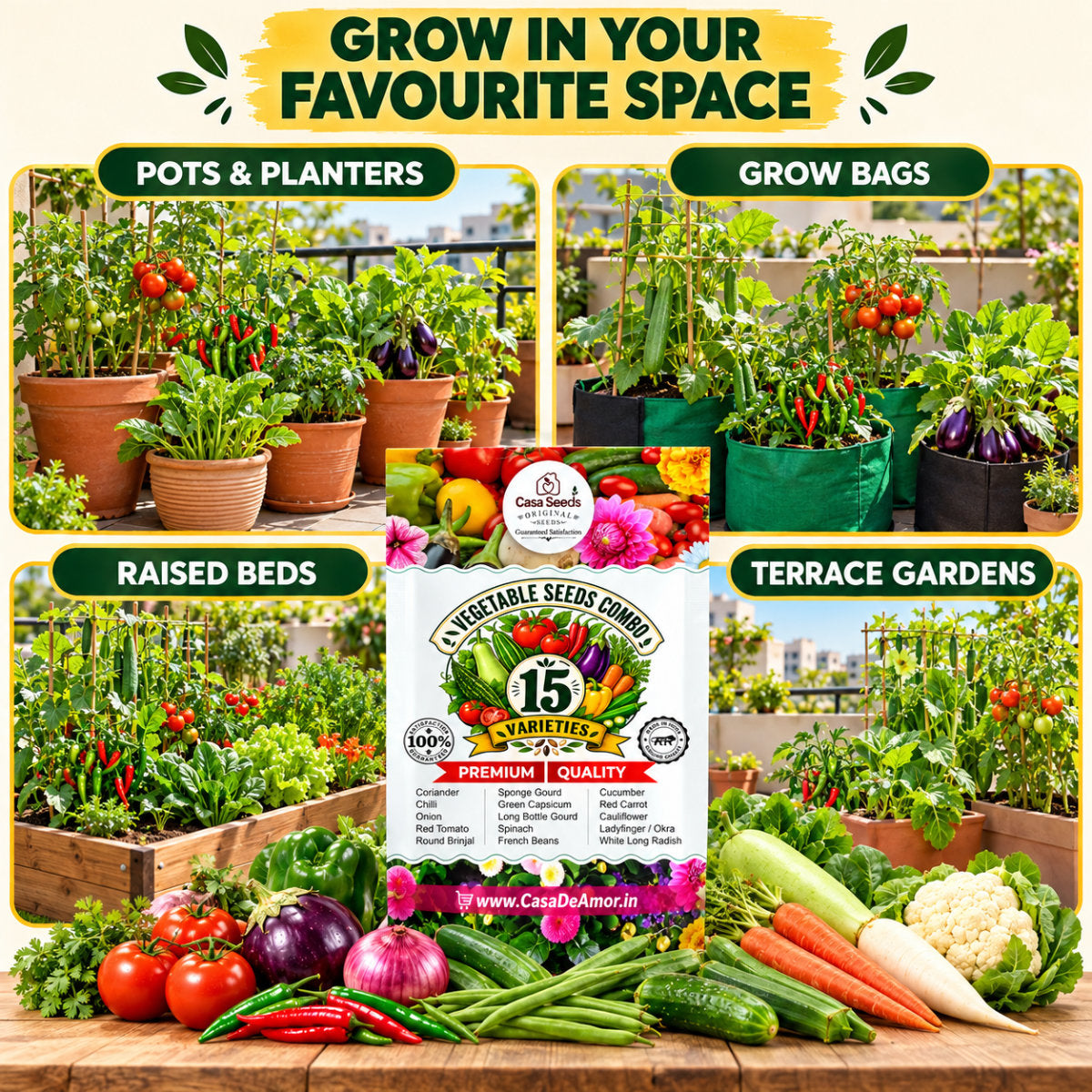 Casa De Amor Hybrid F1 Vegetable Seeds Combo, 15 Varieties for Home Kitchen Garden, Tomato, Chilli, Brinjal, Capsicum, Gourds, Spinach & More, Seeds for Pots, Grow Bags and Terrace