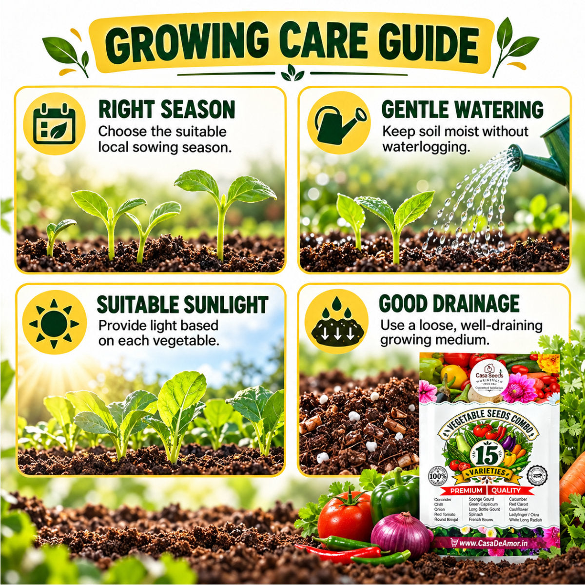 Casa De Amor Hybrid F1 Vegetable Seeds Combo, 15 Varieties for Home Kitchen Garden, Tomato, Chilli, Brinjal, Capsicum, Gourds, Spinach & More, Seeds for Pots, Grow Bags and Terrace