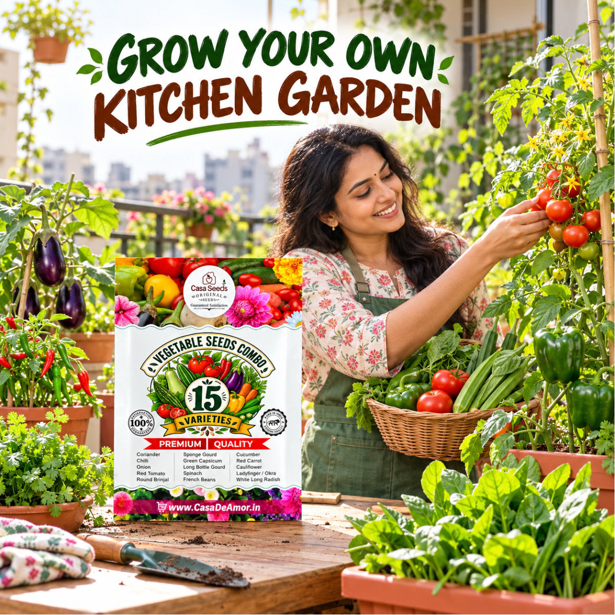 Casa De Amor Hybrid F1 Vegetable Seeds Combo, 15 Varieties for Home Kitchen Garden, Tomato, Chilli, Brinjal, Capsicum, Gourds, Spinach & More, Seeds for Pots, Grow Bags and Terrace