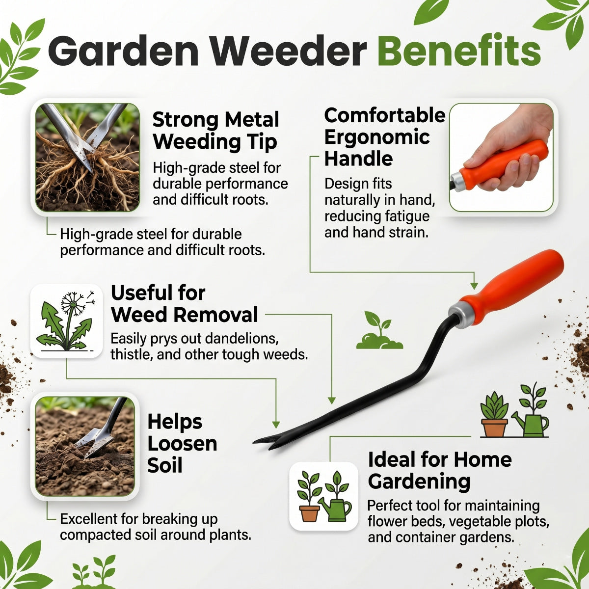 Casa De Amor Garden Weeder 1 Pc, Manual Hand Weeding Tool with Ergonomic Handle for Removing Small Weeds, Soil Loosening, Digging & Gardening Use