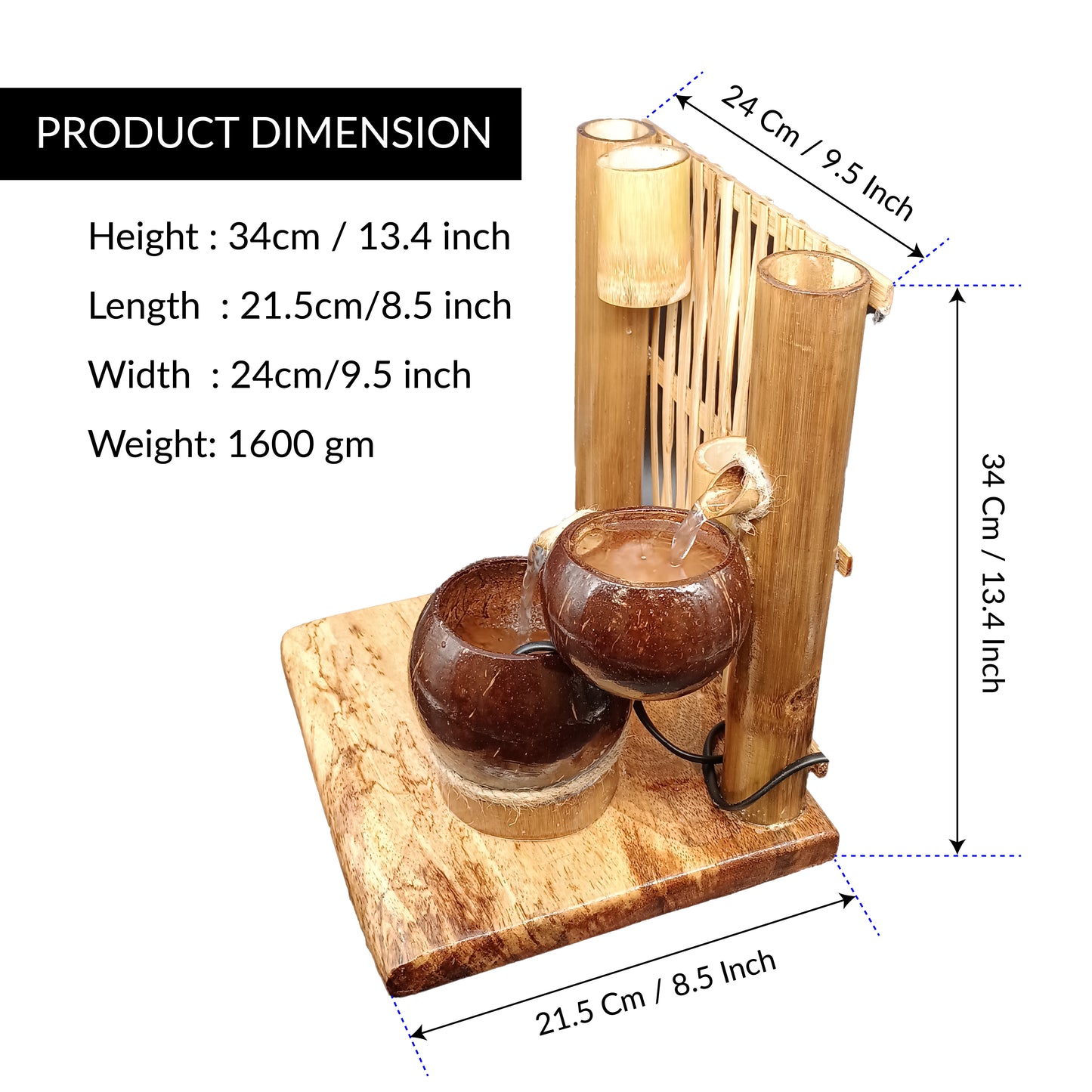 Casa De Amor Coconut Shell Bamboo Fountain for Garden Tabletop Waterfall Indoor Outdoor Living Room Home Decor and Gifts