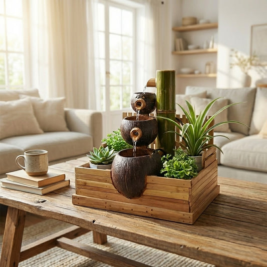 Casa De Amor Tabletop Indoor Bamboo Water Fountain – Coconut Shell Zen Waterfall | Handmade Natural Bamboo Decor for Home, Office & Meditation Space
