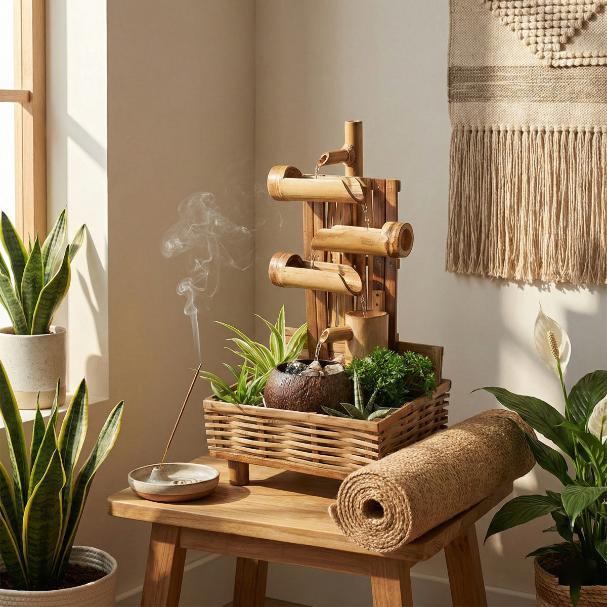 Casa De Amor Indoor Tabletop Bamboo Water Fountain – Coconut Shell Bet Style Zen Waterfall | Handmade Natural Bamboo Decor for Home, Office & Meditation Space