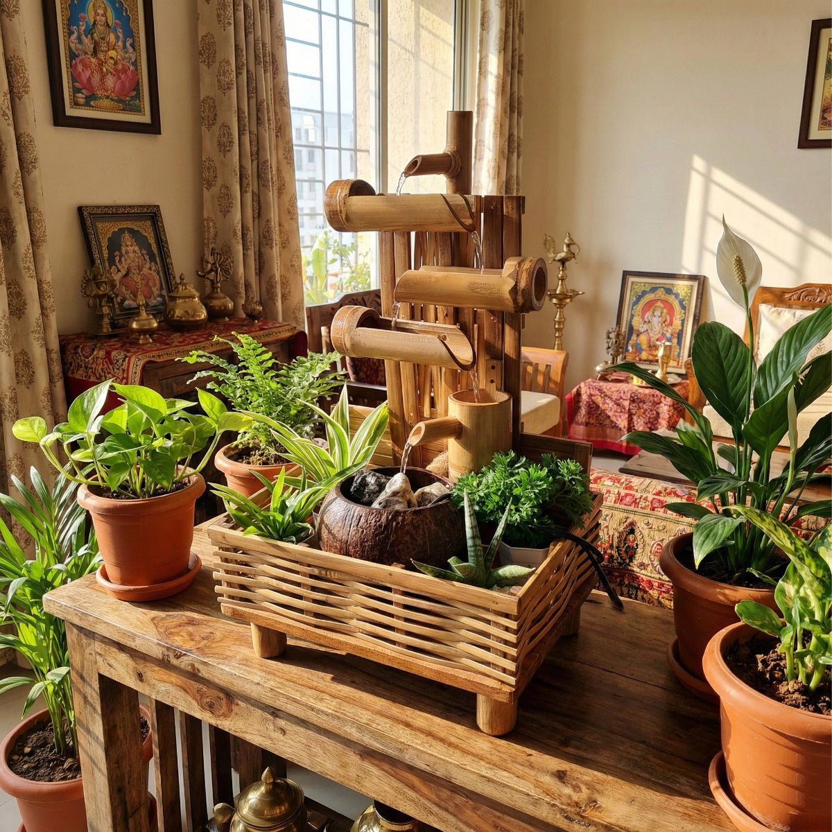 Casa De Amor Indoor Tabletop Bamboo Water Fountain – Coconut Shell Bet Style Zen Waterfall | Handmade Natural Bamboo Decor for Home, Office & Meditation Space