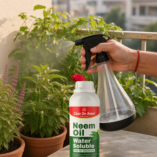 Casa De Amor water-soluble neem oil bottle and 700 ml spray bottle on an Indian balcony – hand spraying neem mist over potted chilli plant beside tulsi and rose