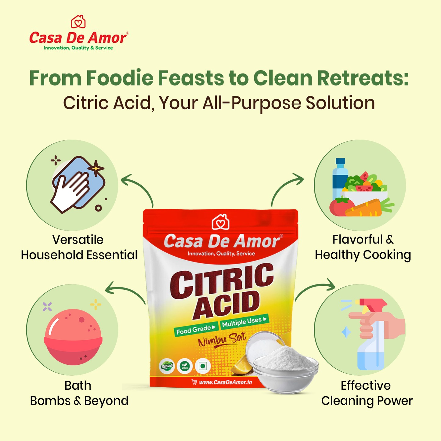 Casa De Amor Pure Citric Acid, Nimbu Sat | Food Grade, Natural Preservative, Cleaning agent