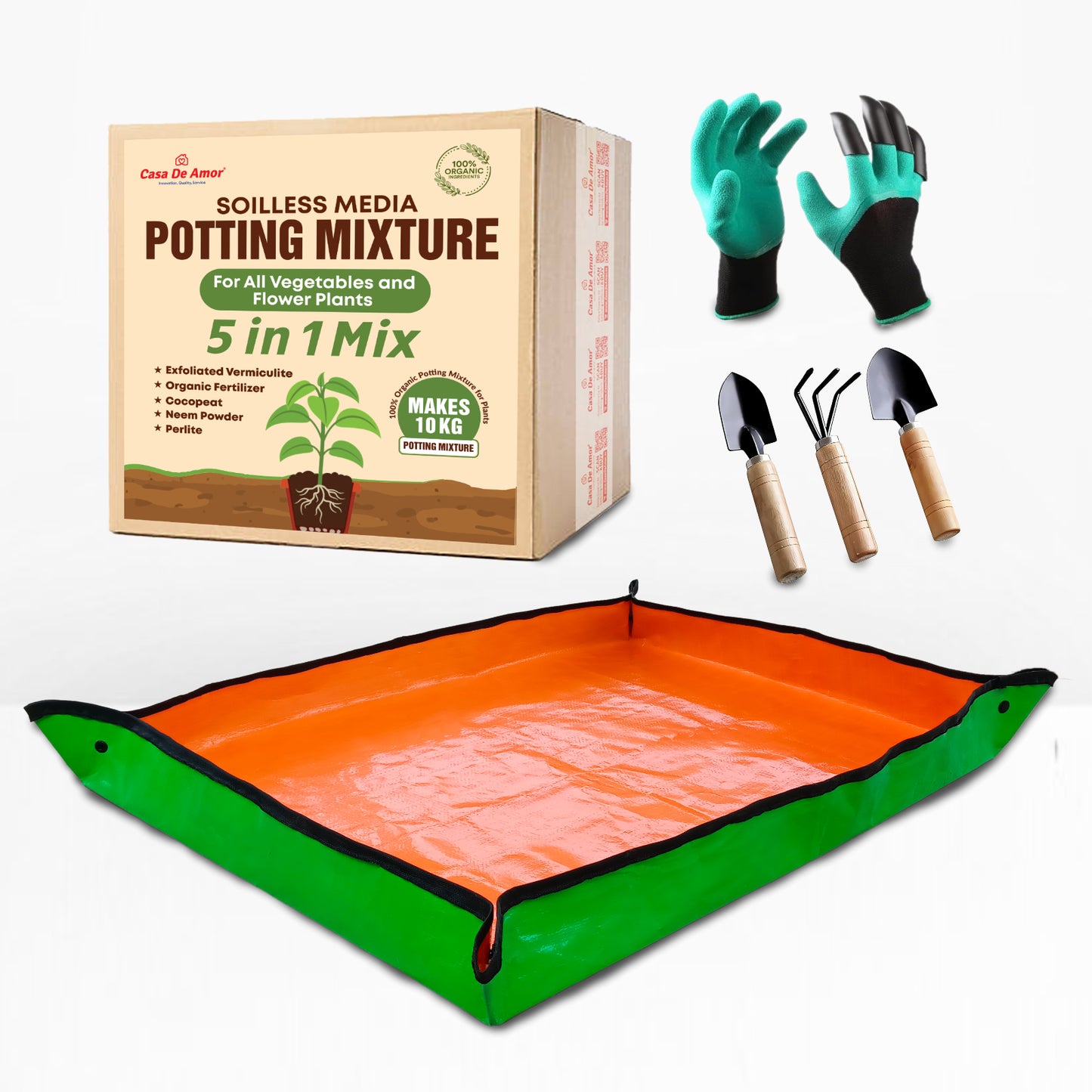 Casa De Amor Ultimate Gardening Combo – Potting Mixture, Gardening Mat, Garden Gloves & Tools Kit (Set of 4)