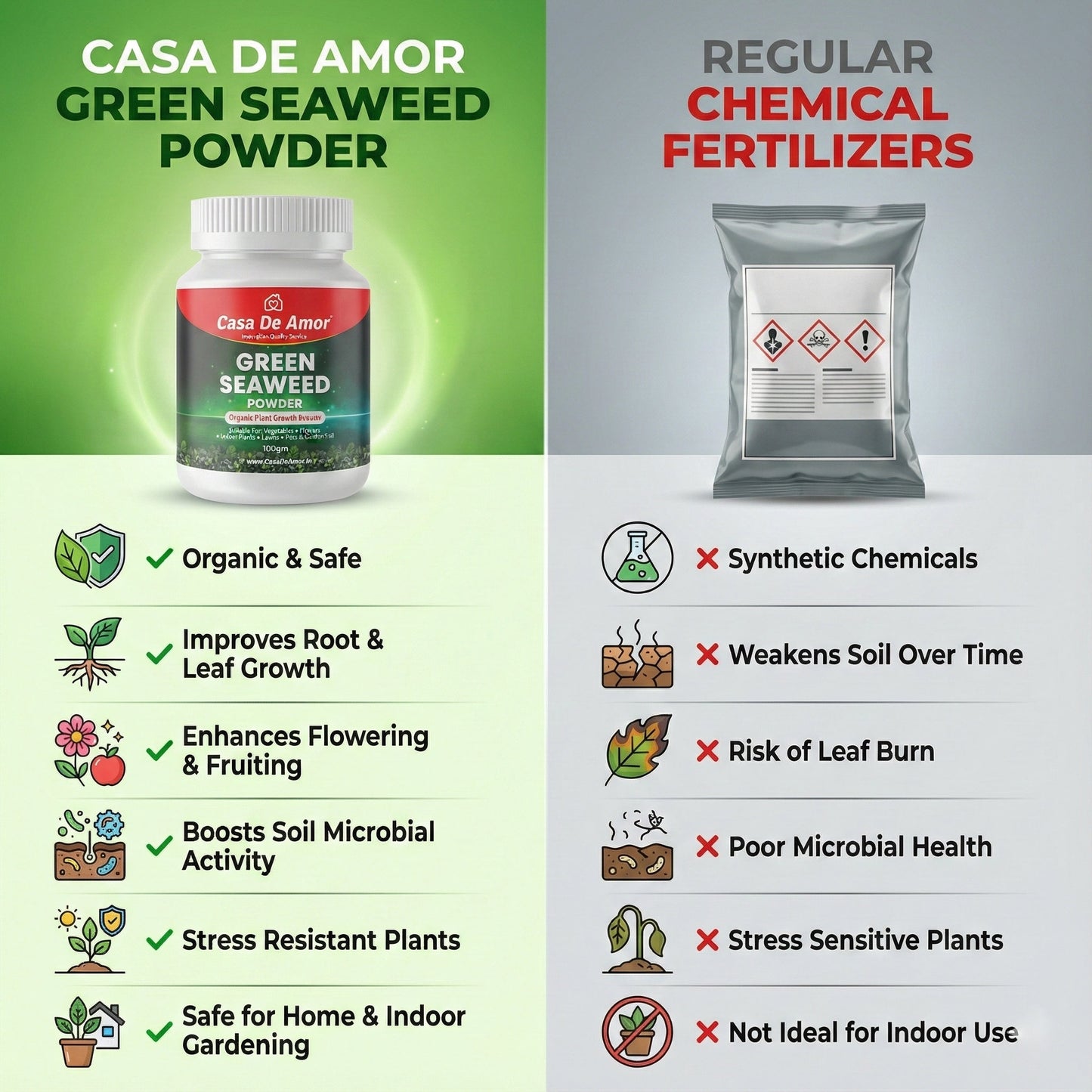 Casa De Amor Green Seaweed Powder for Plants 100gm | Vegetables, Flowers, Indoor & Outdoor Gardening | Improves Root Growth & Flowering