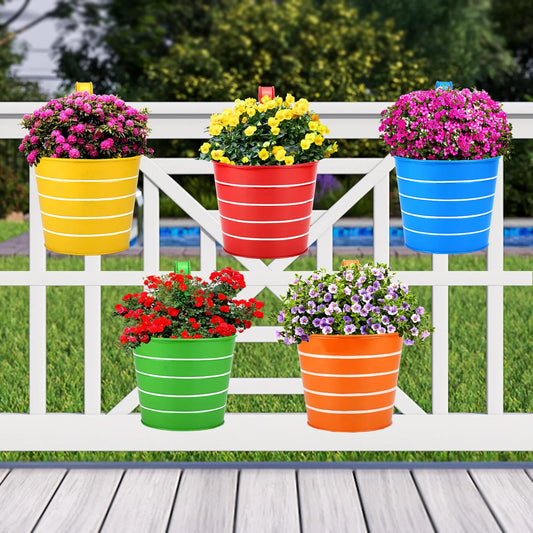 Casa De Amor Colorful Round Shape Railing, Balcony Hanging Metal Planters (Multicolored) (Set of 5)