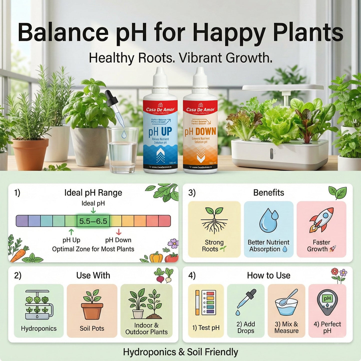 Casa De Amor pH Down for Plants | Lowers High pH in Hydroponics & Soil | Plant pH Adjuster for Indoor & Outdoor Gardening | Supports Healthy Growth