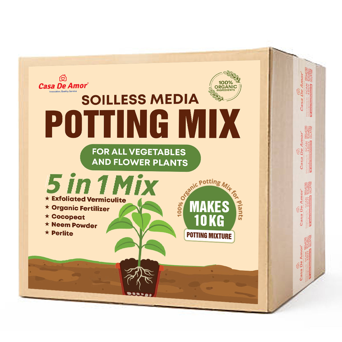 Casa De Amor 5-in-1 Potting Mix- Makes 10Kg Soil Less Mixture with Cocopeat, Vermiculite, Perlite, Neem Cake Powder & Organic Fertilizer for Healthy Plant Growth