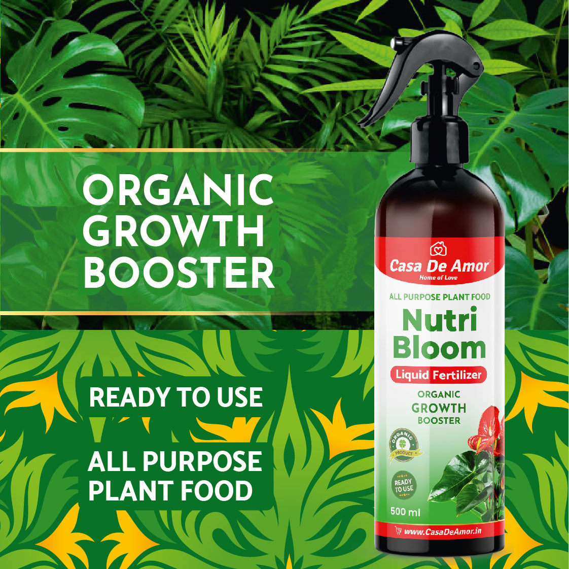 Casa De Amor Nutri Bloom – Plant Growth Booster for Potted Indoor and Outdoor Plants, Balanced Macro & Micro Nutrients, Ready to Use Spray- 500ml