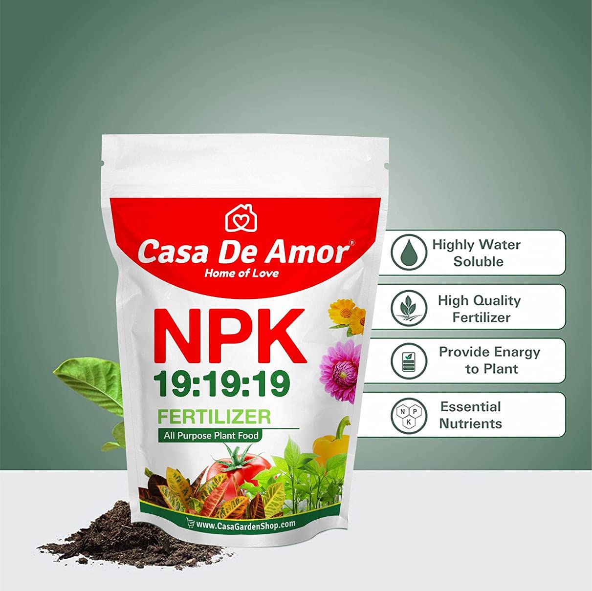 Casa De Amor Flowering Plants Fertilizer Combo- NPK 19 19 19 (200 gm) + Epsom Salt (Magnesium Sulphate- 200 gm) for Home, Balcony, Terrace Gardening (Total 400 gm)