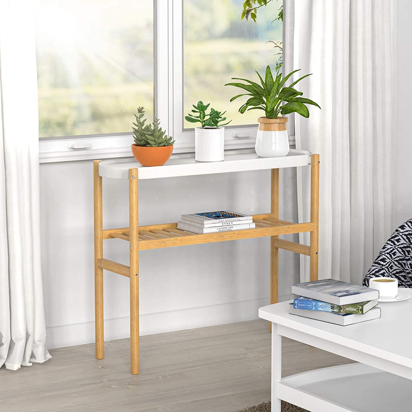 Casa De Amor Bamboo Plant Shelf Indoor, 2 Tier Tall Plant Stand Table for Multiple Plants, Window Table for Plants (2 Tier Shelf)