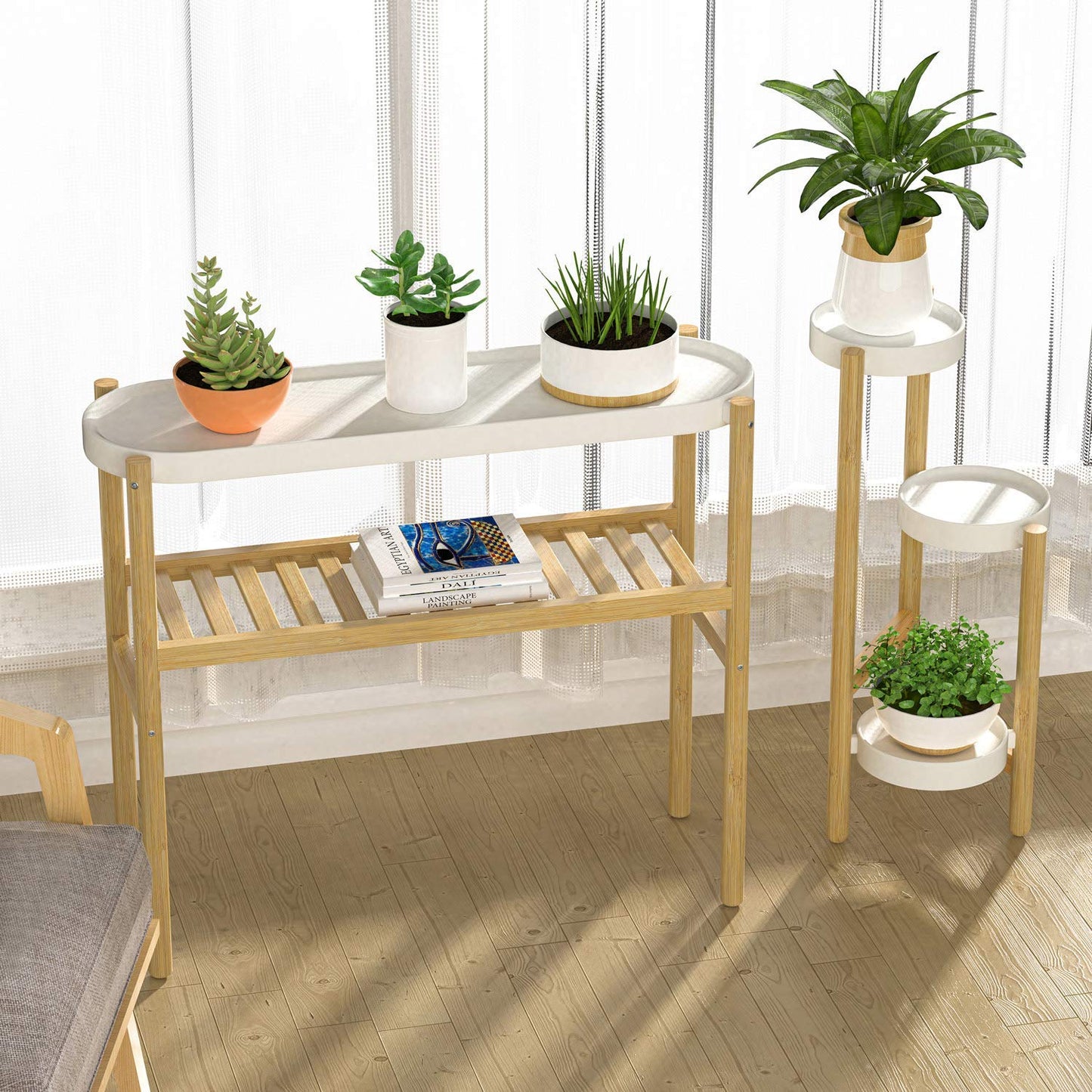 Casa De Amor Bamboo Plant Shelf Indoor, 2 Tier Tall Plant Stand Table for Multiple Plants, Window Table for Plants (2 Tier Shelf)