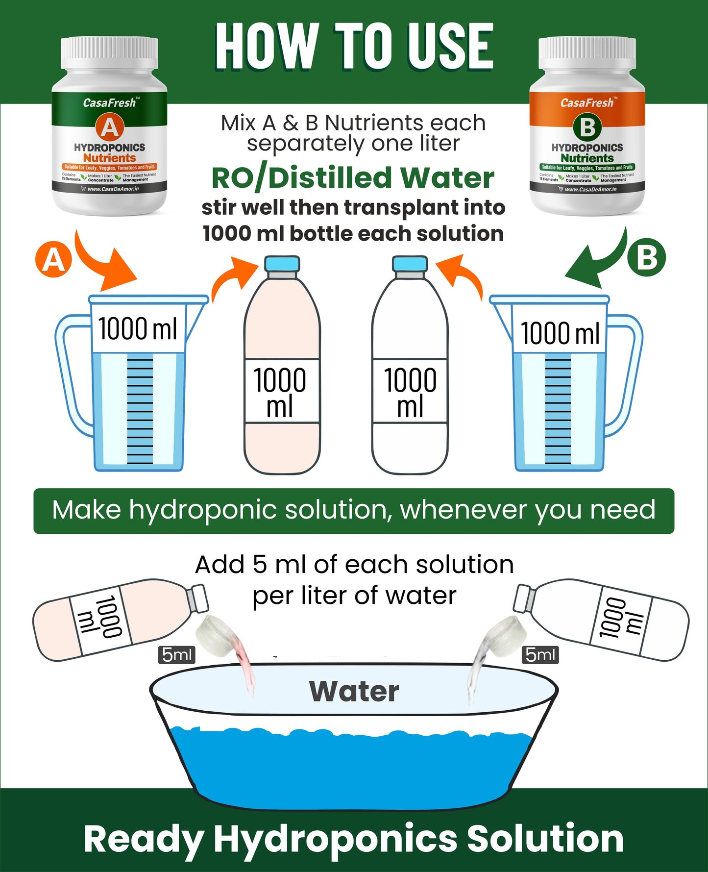 Casa De Amor Hydroponic A&B Nutrients - For Leafy, Veggies, Tomatoes & Fruits, 15 Elements, 200L Solution, Balanced Plant Nutrition