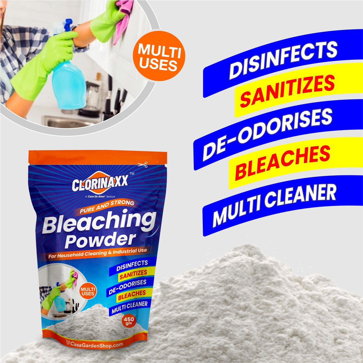 Bleach powder outlet for cleaning