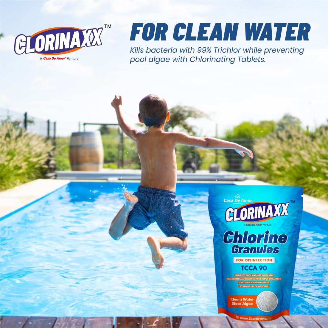 Casa De Amor Clorinaxx Swimming Pool Water Purifier Chlorine TCCA 90 Granules for Disinfection, Cleans Water and Stops Algae