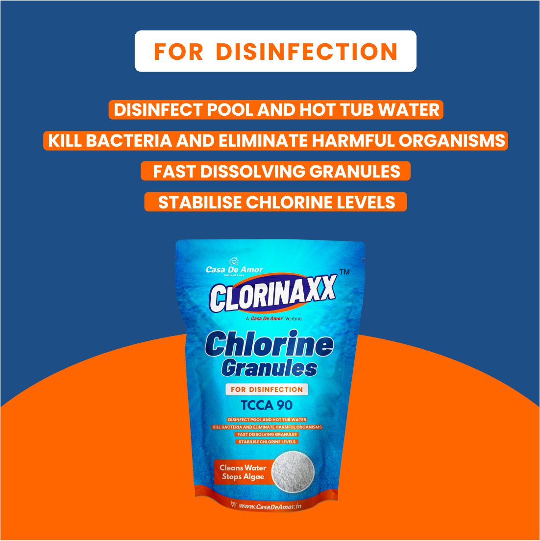 Casa De Amor Clorinaxx Swimming Pool Water Purifier Chlorine TCCA 90 Granules for Disinfection, Cleans Water and Stops Algae