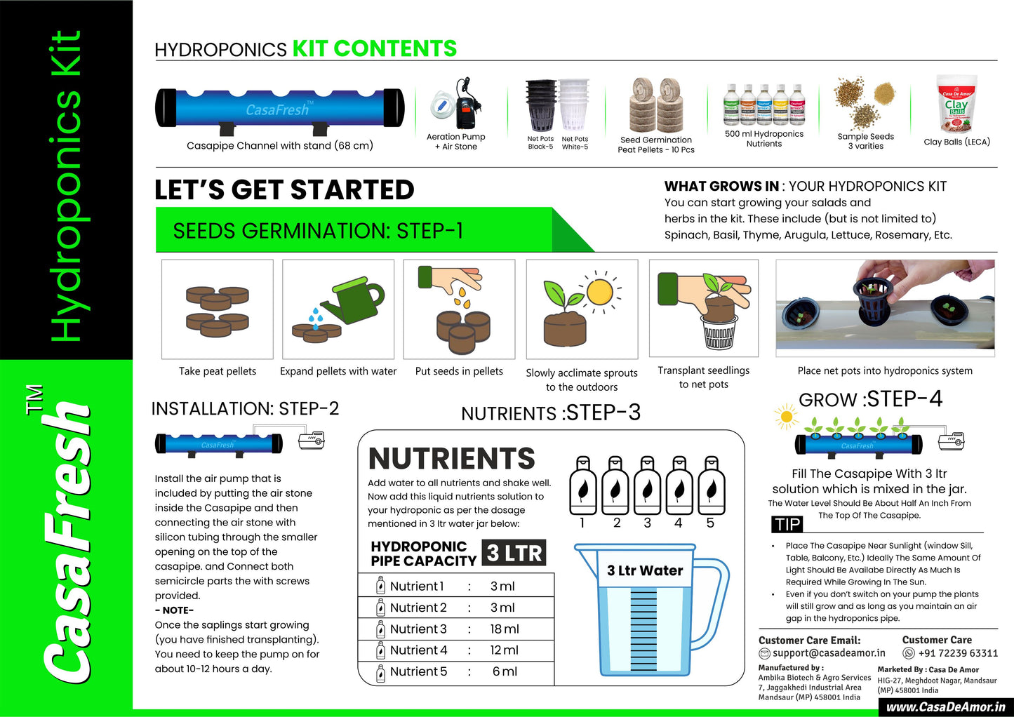 CasaFresh Hydroponics Kit for Home- 5 Plants, Beginners Hydroponic System- Reusable for Indoor/Outdoor hydroponics, Seeds Included