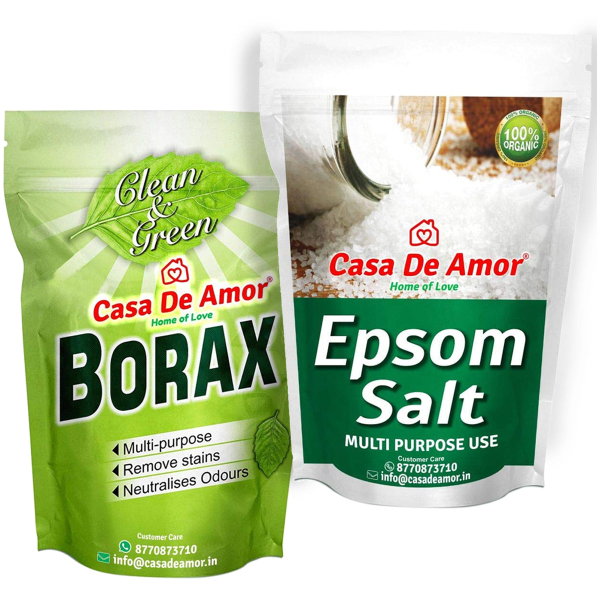 Casa De Amor Borax Powder 100% Pure for Whitening & Cleaning (400 gm) + Epsom Salt White (400 gm)- Combo Pack