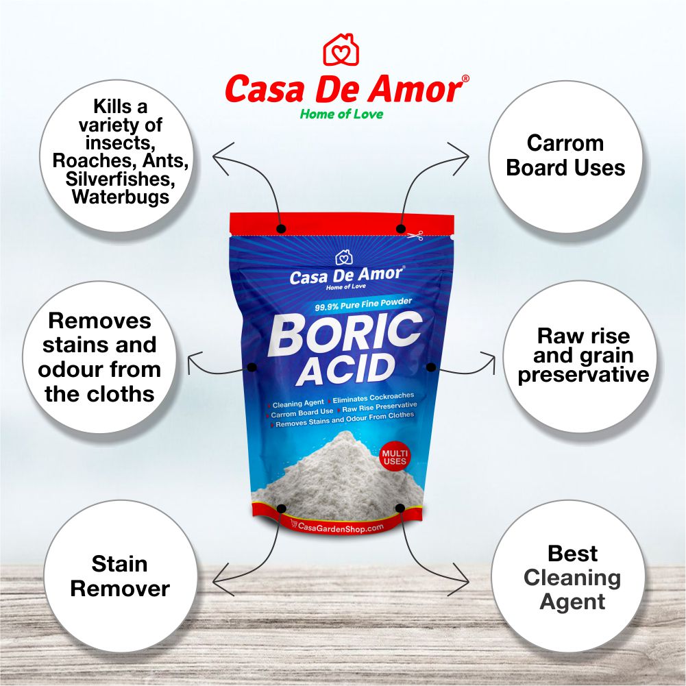 Casa De Amor Boric Acid - 99.9% Pure Fine Powder- Highly Effective for Removing Pests Cockroaches, Ants, Silverfishes, Rice Preservative, Anhydrous