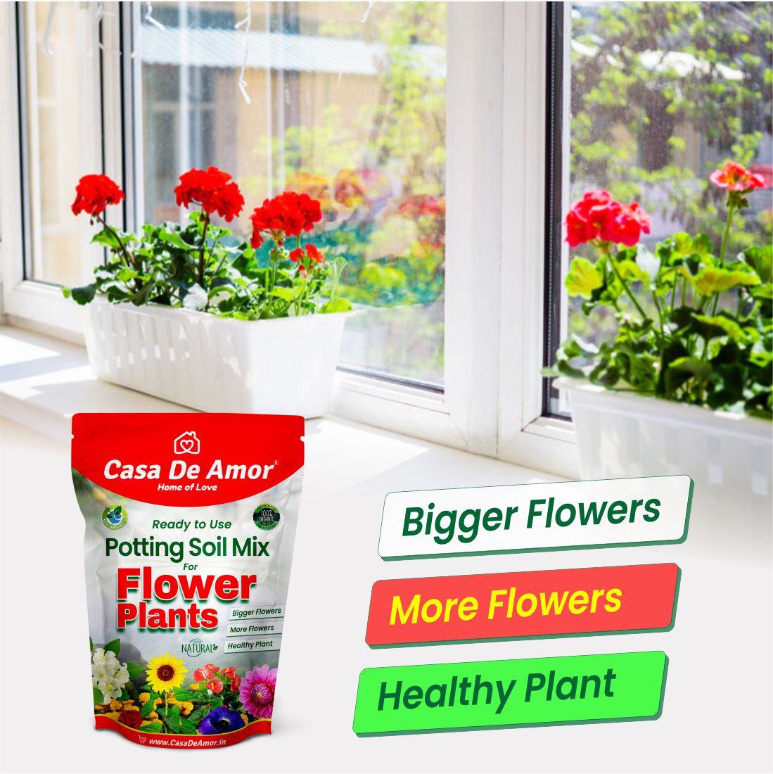 Casa De Amor Organic Flower Potting Soil Mix for Home Garden Flower Plants, Ready to Use