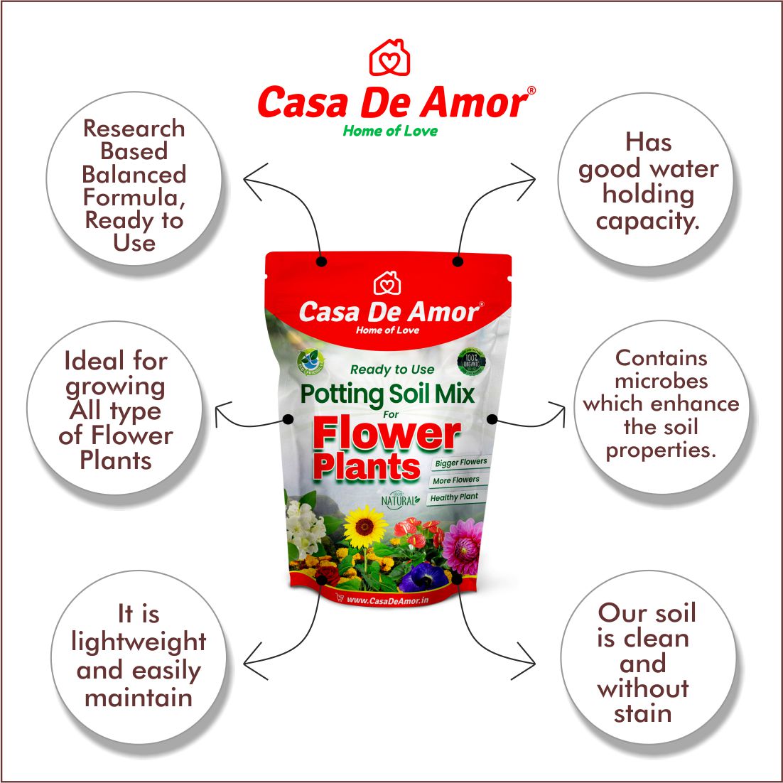 Casa De Amor Organic Flower Potting Soil Mix for Home Garden Flower Plants, Ready to Use