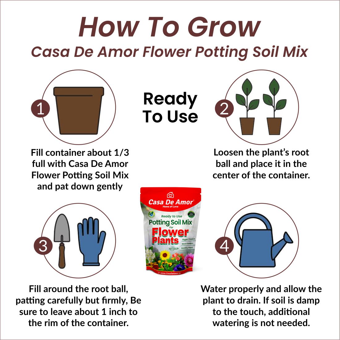 Casa De Amor Organic Flower Potting Soil Mix for Home Garden Flower Plants, Ready to Use