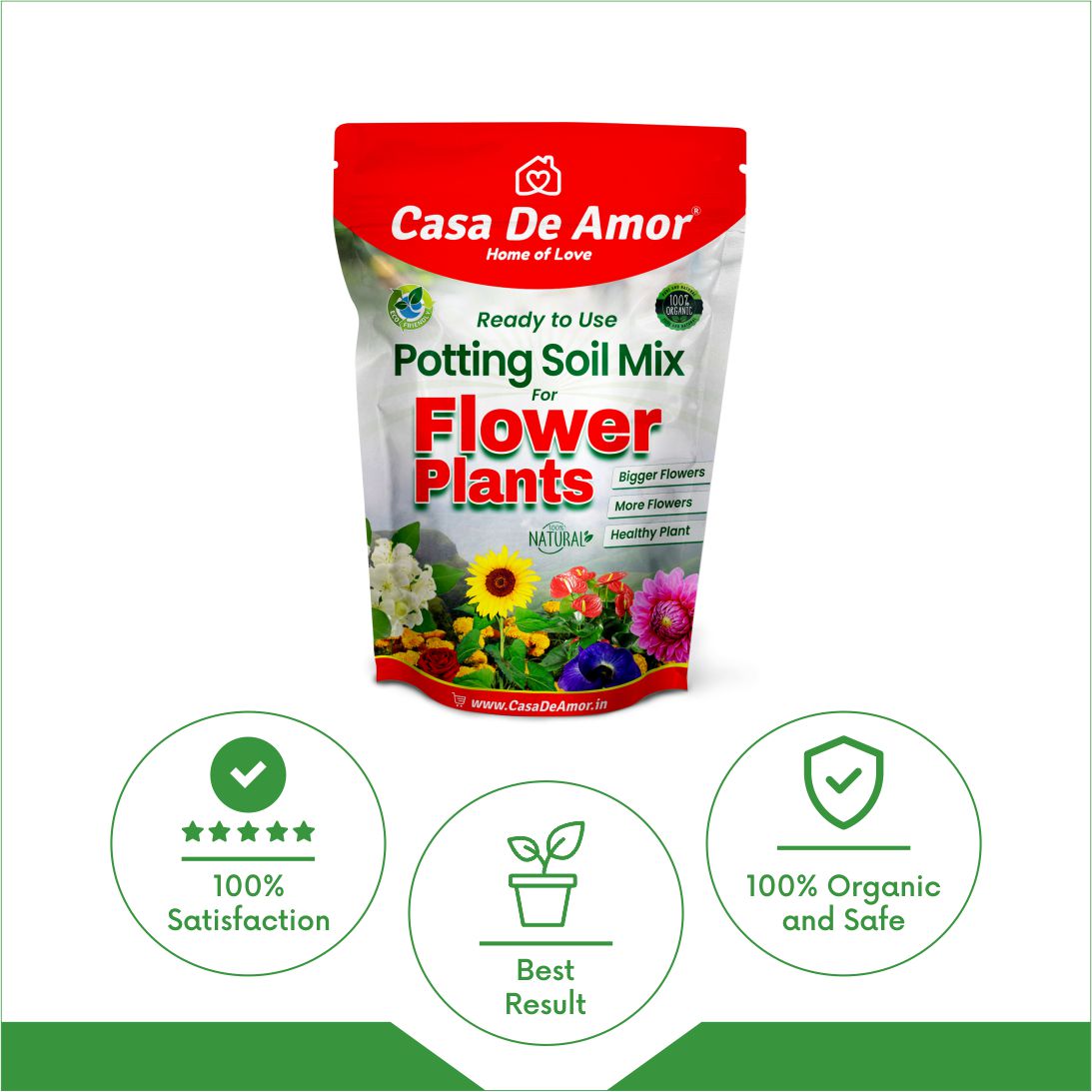 Casa De Amor Organic Flower Potting Soil Mix for Home Garden Flower Plants, Ready to Use