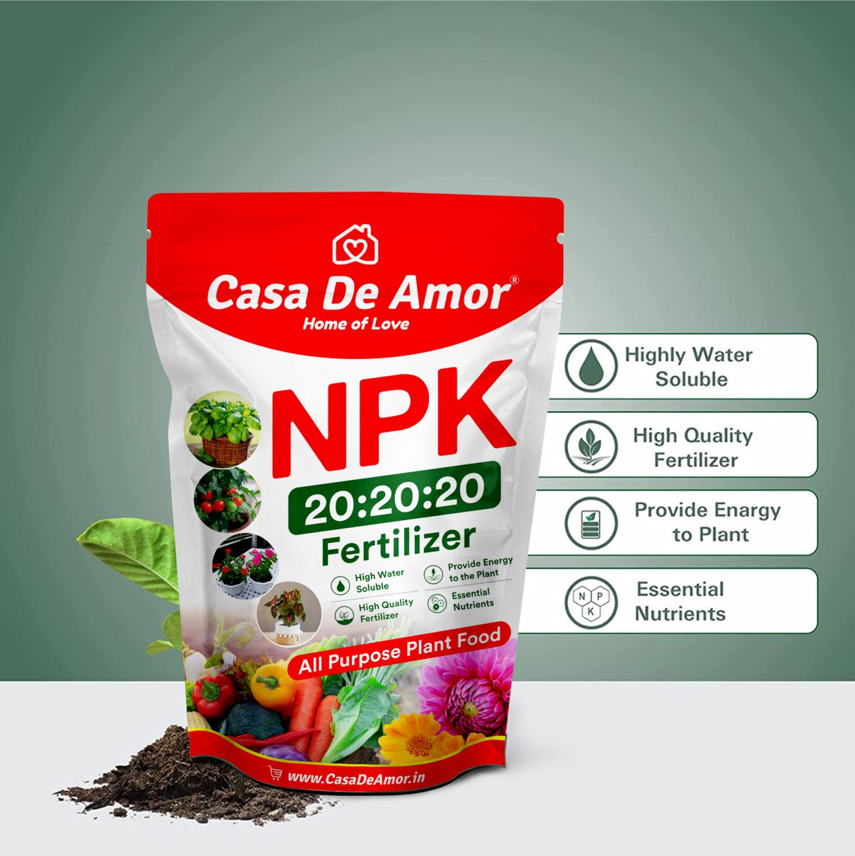 Casa De Amor NPK 20 20 20 Fertilizer for Plants and Gardening Complete Plant Food, Growth Boost and Flowering